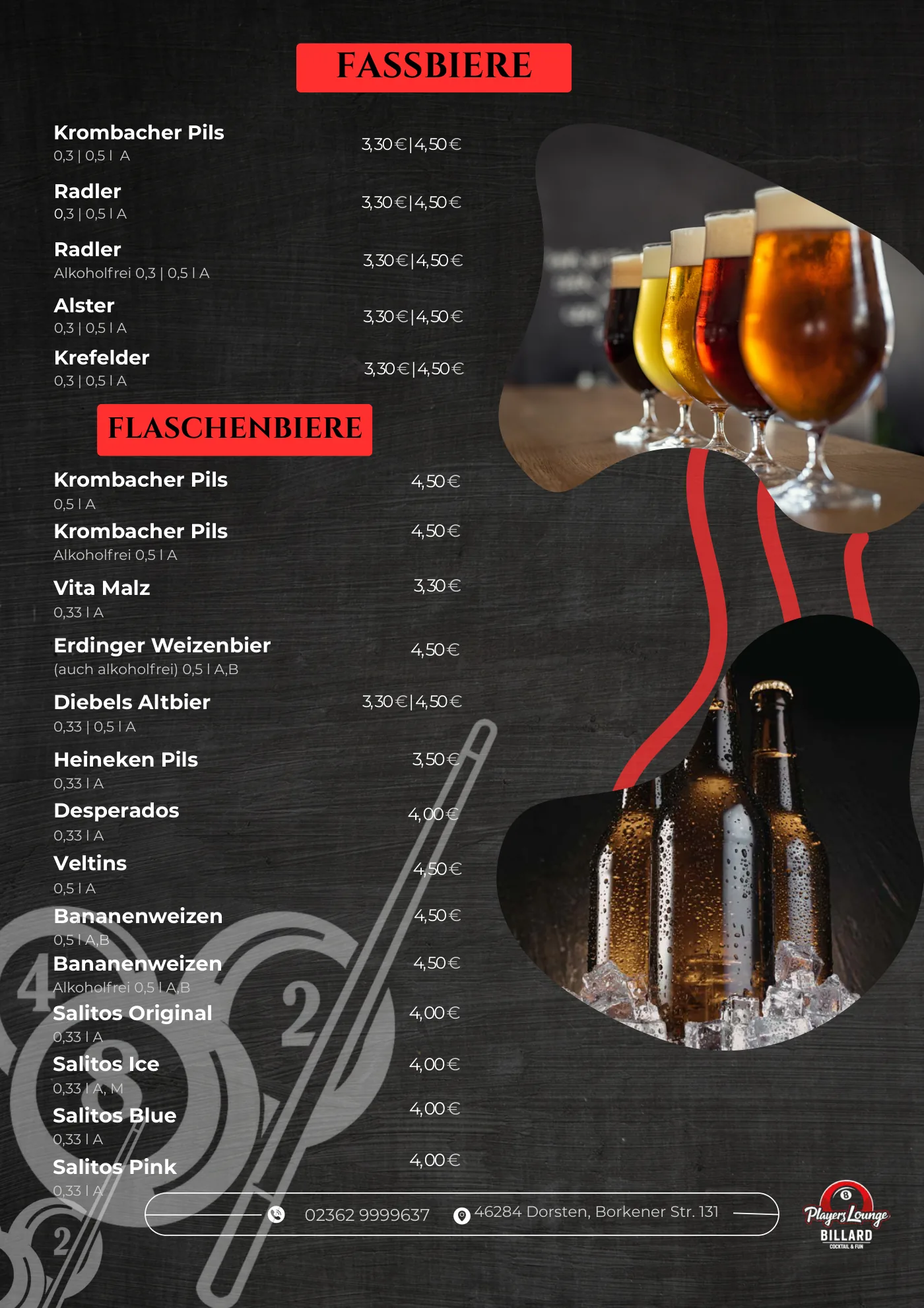 Speisekarte Players Lounge Dorsten, Seite 2: Fassbiere und Flaschenbiere