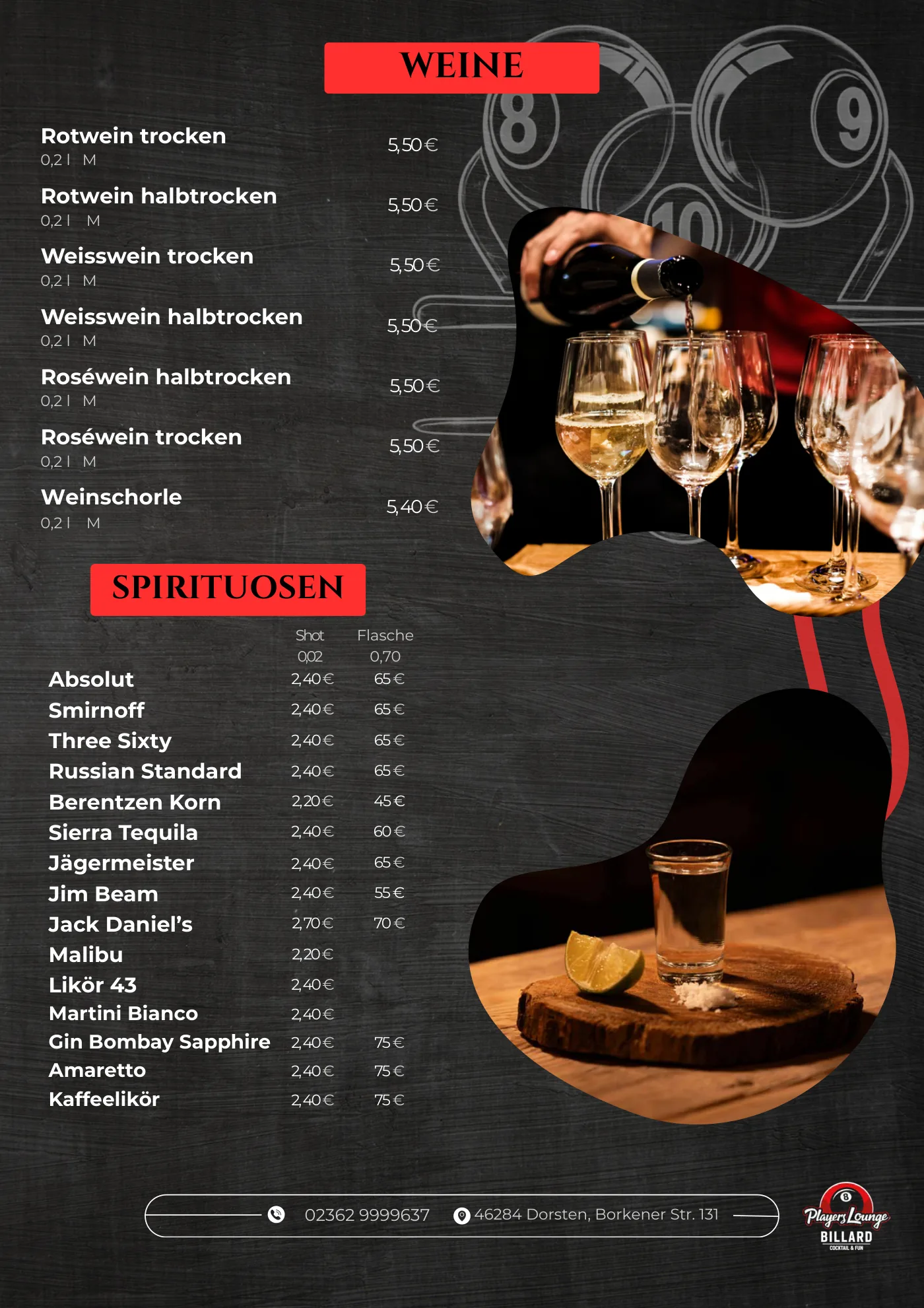 Speisekarte Players Lounge Dorsten, Seite 3: Weine und Spirituosen
