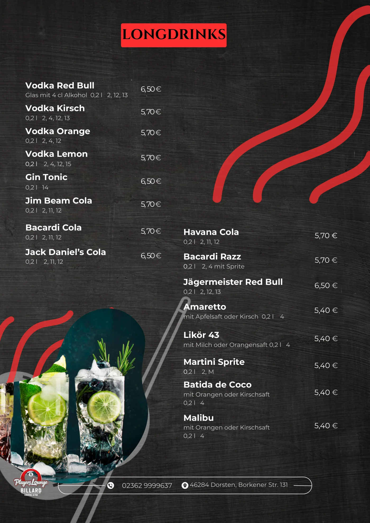 Speisekarte Players Lounge Dorsten, Seite 4: Longdrinks