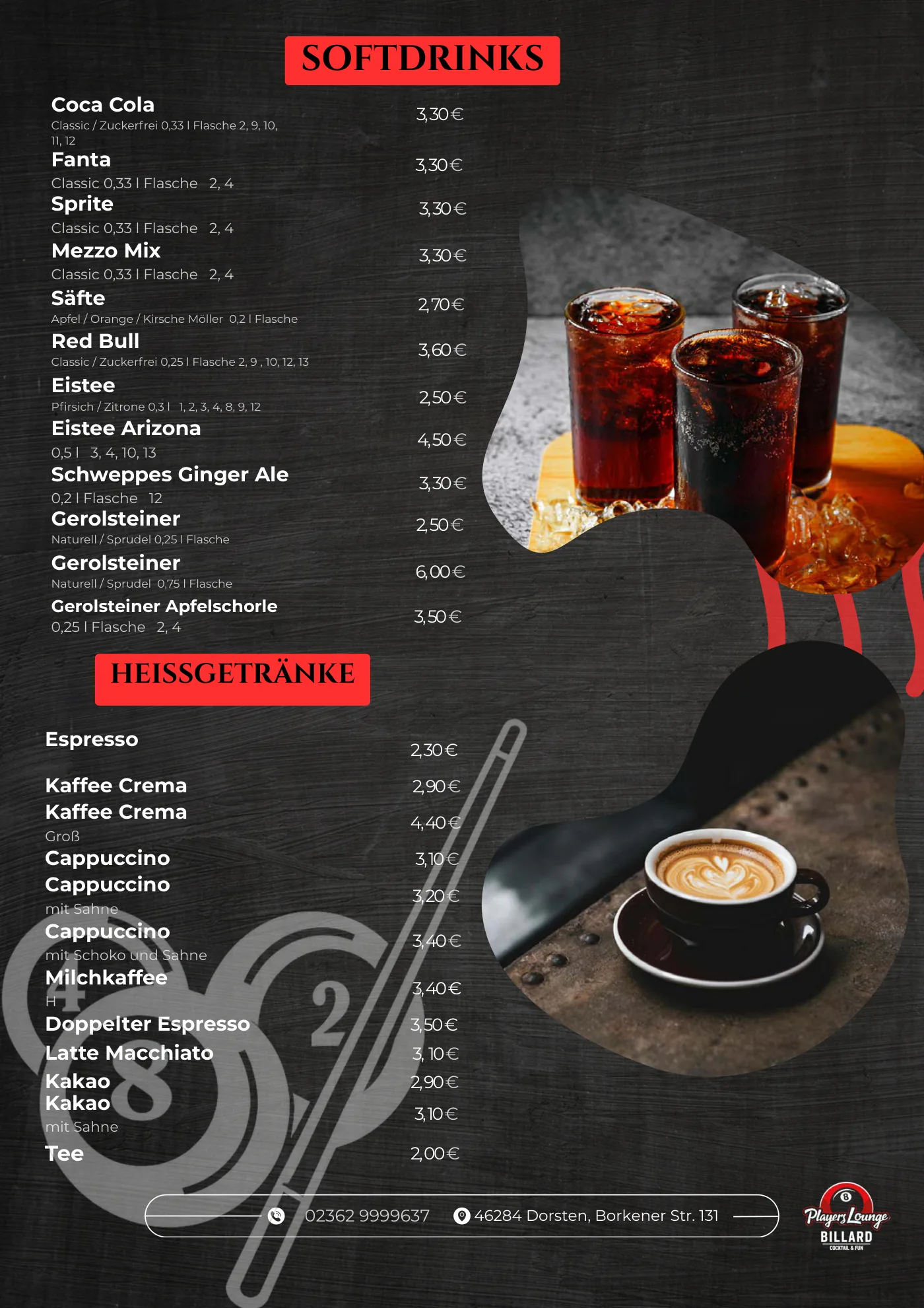 Speisekarte Players Lounge Dorsten, Seite 6: Softdrinks und Heißgetränke