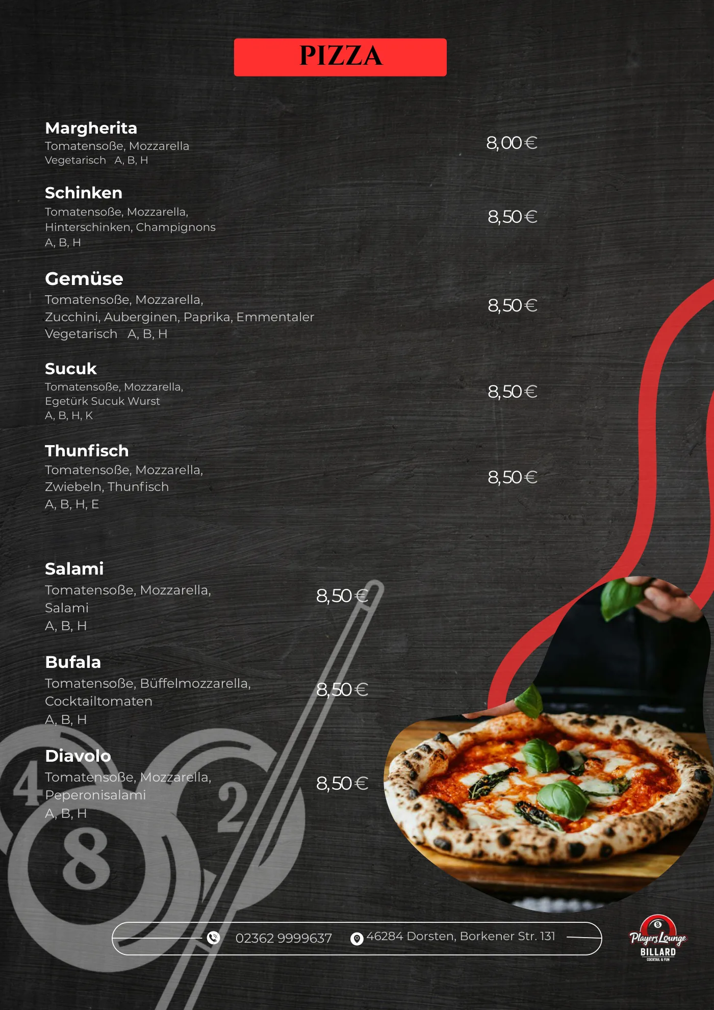 Speisekarte Players Lounge Dorsten, Seite 8: Pizza