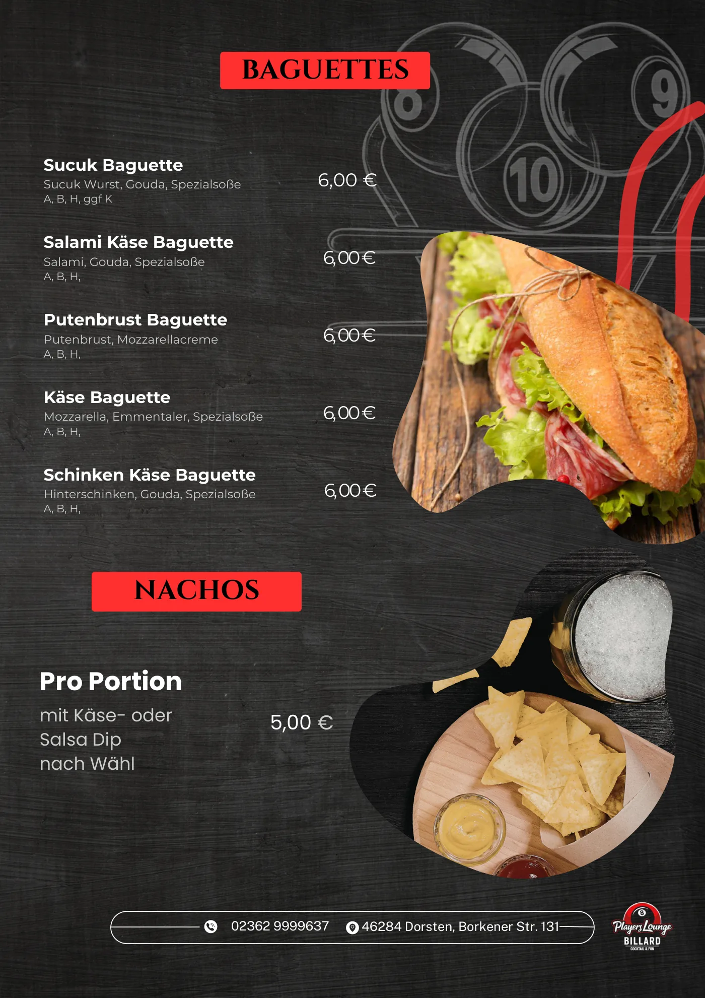 Speisekarte Players Lounge Dorsten, Seite 9: Baguettes und Nachos
